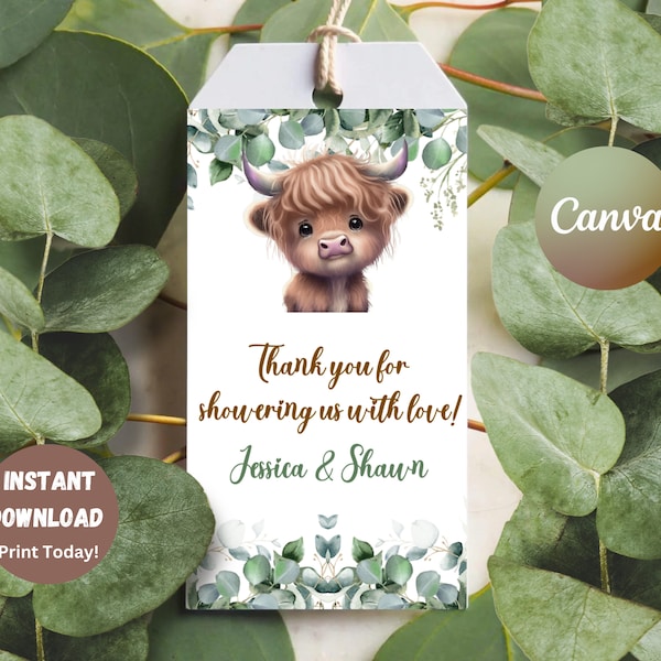 Highland Cow Favor Tag, Editable Highland Cow Thank You Tag, Highland Cow Baby Shower Goodie Bag Labels, Highland Cow Gift Tag, Printable