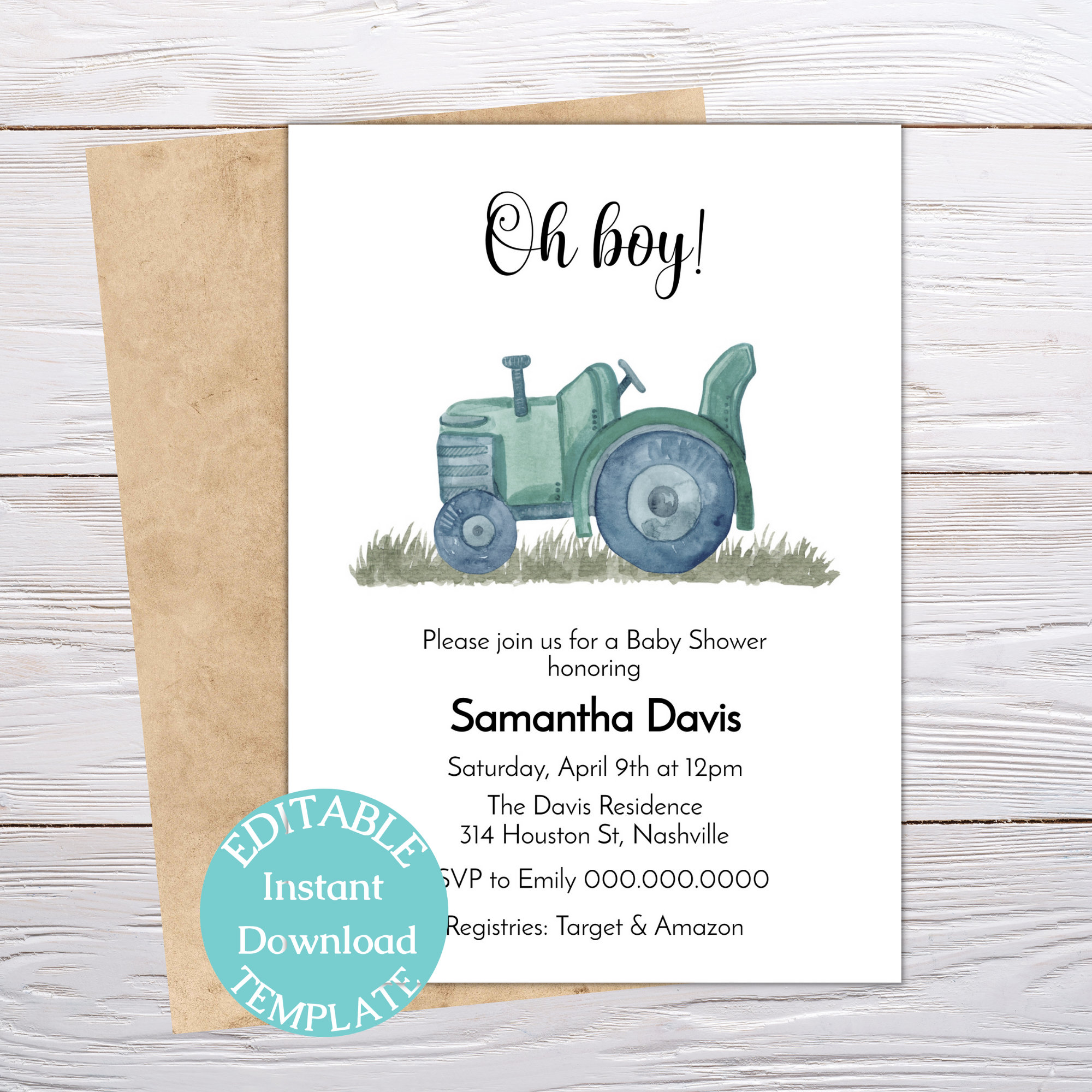 Oh Boy Tractor Baby Shower Invitation Template, Tractor Boy Baby Shower  Invite, Editable Template, Instant Download - Etsy, image size:2000x2000