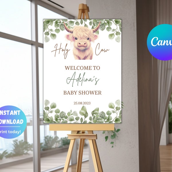 Editable Holy Cow Baby Shower Welcome Sign, Floral Highland Cow Baby Shower Welcome Poster, Boho Highland Cow, Baby Shower Welcome Sign