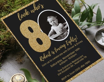 Editable 80th Birthday Invitation Template, Gold Glitter (Digital Download)