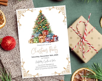 May include: A Christmas party invitation with a watercolor illustration of a decorated Christmas tree and presents. The text reads "Please join us for a Christmas Party, Saturday, December 16th, 2023 at 7:00pm, Hosted by Cynthia & John, The Smith Residence, 123 Anywhere St, Anywhere, RSVP to Cynthia 123.456.7890".