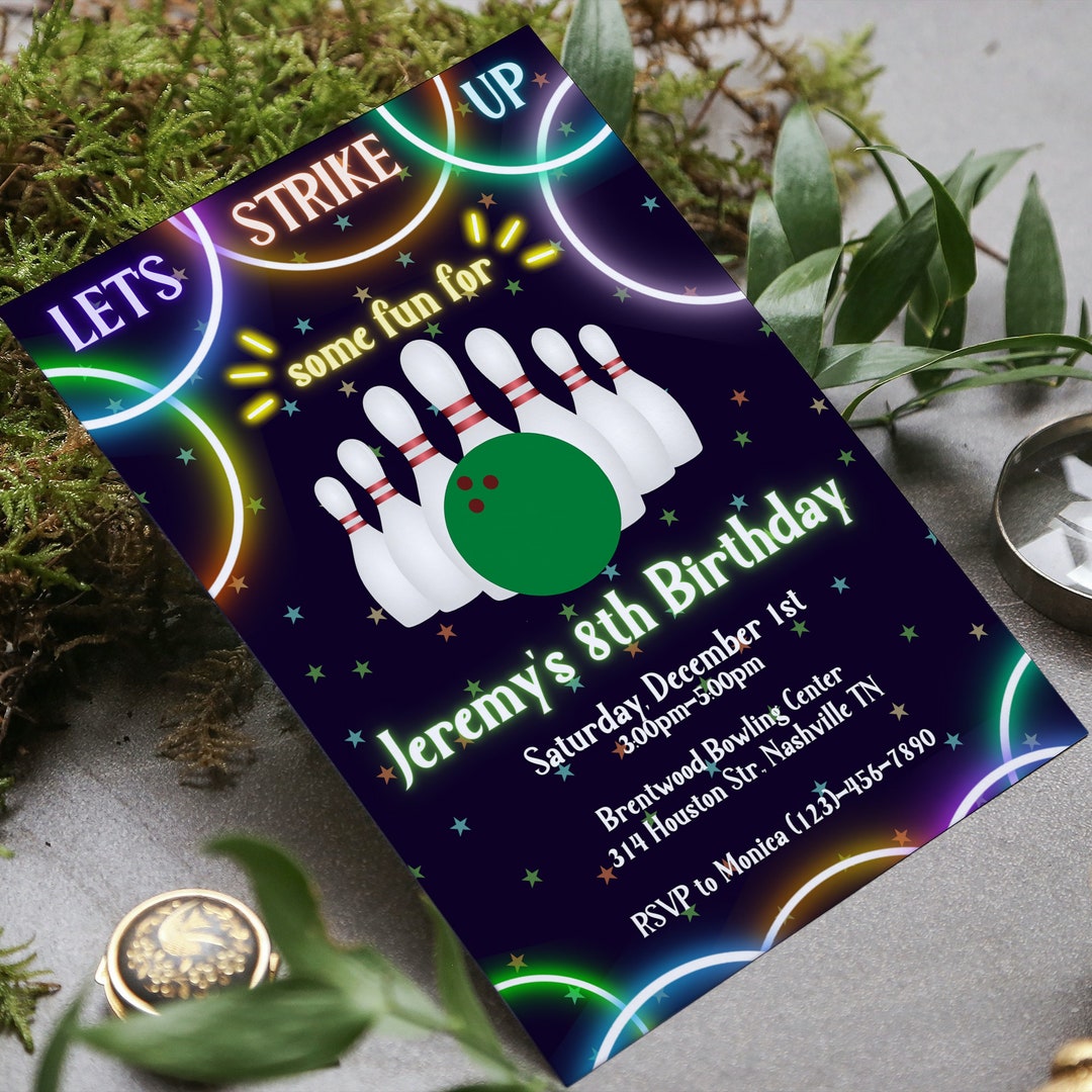 Editable Bowling Birthday Invitation, Bowling Birthday Party, Neon Glow
