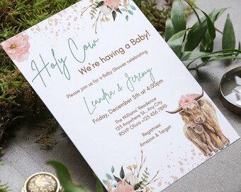 Boho Highland Cow Baby Shower Invitation, Floral (Digital Download)