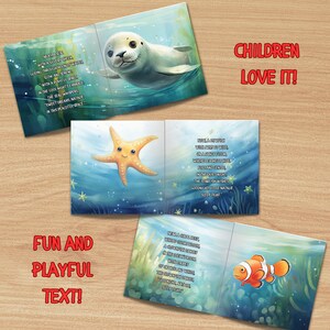 May include: A children's book with colorful illustrations of a seal, starfish, and clownfish. The book features rhyming text about a seal, starfish, and clownfish sleeping at night. The text reads "Next a seal with a silvery sheen, gliding through moonlit waves, slow and serene..." "Now a starfish with arms to date, on a sandy floor, where seashells hide..." "Now a clownfish, a funny little vision, a rainbow in motion, with bright eyes..."