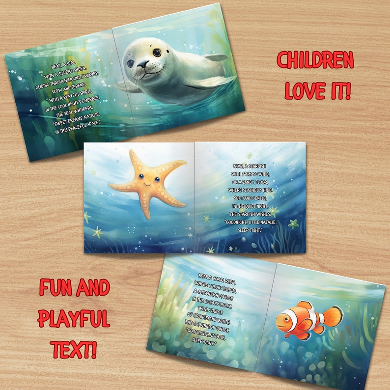 May include: A children's book with colorful illustrations of a seal, starfish, and clownfish. The book features rhyming text about a seal, starfish, and clownfish sleeping at night. The text reads "Next a seal with a silvery sheen, gliding through moonlit waves, slow and serene..." "Now a starfish with arms to date, on a sandy floor, where seashells hide..." "Now a clownfish, a funny little vision, a rainbow in motion, with bright eyes..."