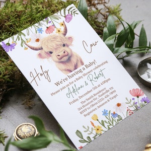 Highland Cow Baby Shower Invitation, Wildflowers Cow Baby Shower, Holy Cow Baby Shower Invite, Holy Cow Girl Baby Shower, Edytowalny Szablon
