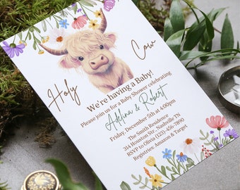 May include: A white highland cow with a floral crown is featured on a baby shower invitation. The invitation is decorated with a floral border and reads "Holy Cow We're having a Baby! Please join us for a Baby Shower celebrating Adelina & Robert Friday, December 5th at 4:00pm The Smith Residence 314 Houston Str., Nashville TN RSVP to Olivia (123)-456-7890 Registries: Amazon & Target"
