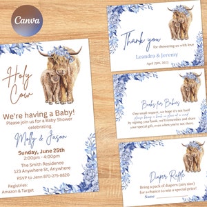 Set di inviti per baby shower Boho Highland Cow, invito per baby shower Holy Cow, pacchetto per baby shower Blue Highland Cow, download immediato modificabile