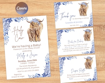 Boho Highland Cow Baby Shower Invitation Set (Digital Download)