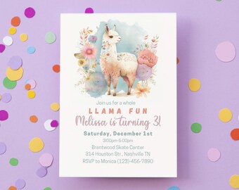 Girl Llama Birthday Invitation Template, Editable Party Invite (Digital Download)