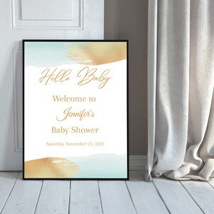 Elegant Baby Shower Welcome Sign Template, Blue Gold Boy Baby Shower Welcome Sign, Editable Template, Instant Download