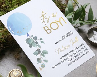 May include: A blue and gold watercolor balloon with green eucalyptus leaves, a baby shower invitation with the text "It's a Boy!" and the name "Melissa Smith" in gold script. The invitation includes details for the baby shower, including the date, time, location, and RSVP information. The registries are listed as Target and Amazon.
