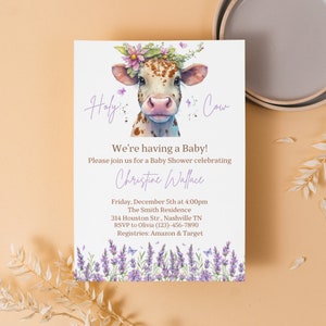 Highland Cow Baby Shower Invitation, Floral Cow Baby Shower, Holy Cow Baby Shower Invite, Greenery, Online Editable Template