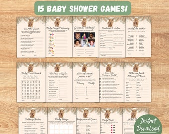 May include: A set of 15 printable baby shower games featuring a highland cow illustration. The games include "Find the Guest", "Baby Emoji Dictionary", "Guess the Celebrity", "Professions & Advice", "Would She Rather", "Baby Word Search", "The Price is Right", "How Old Were the Parents to Be?", "Guess Who: Mommy or Daddy", "Who Can Finish Mommy's Phrase", "Celebrity Babies", "Baby Bingo", "Baby Animal Game", "Baby Traits", and "ABC Guess".