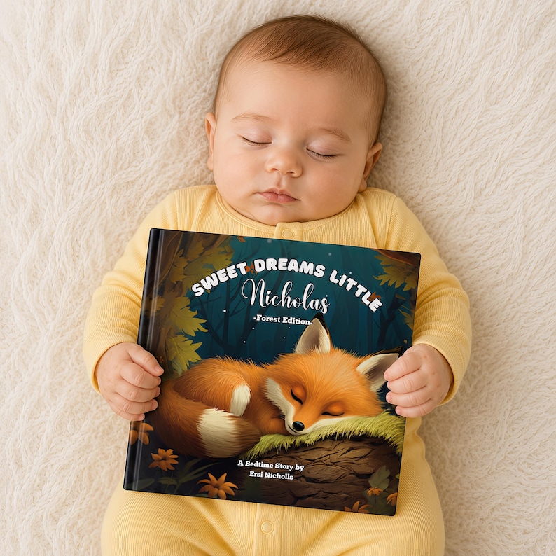 Może przedstawiać: Książka dla dzieci zatytułowana "Sweet Dreams Little Nicholas - Forest Edition" z ilustracją śpiącego lisa. Książkę trzyma dziecko w ż&oacute;łtym pajacyku, leżące na kremowej, teksturowanej powierzchni.