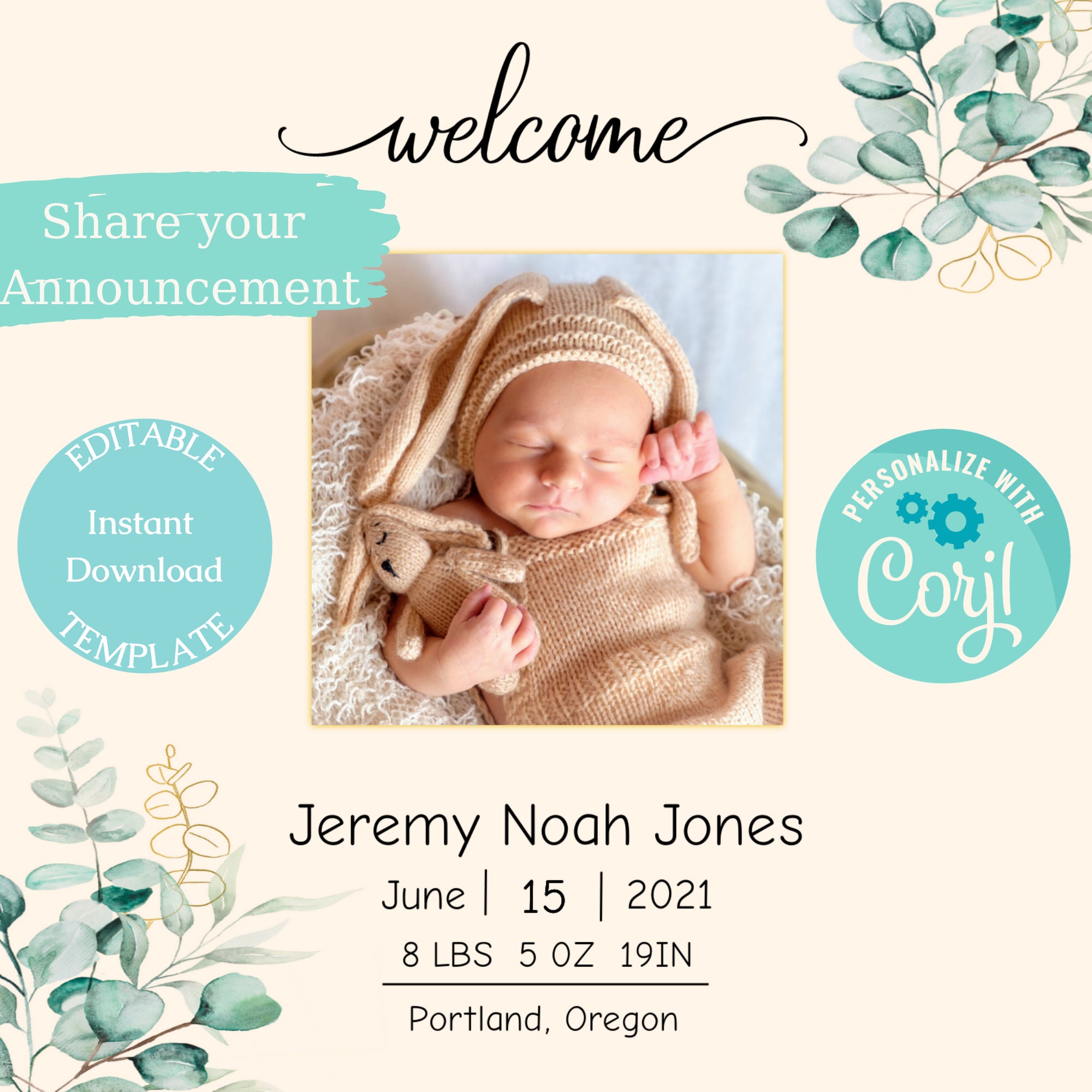 Greenery Baby Birth Announcement Template, Elegant Social Media Post Birth  Announcement, Editable Digital Download - Etsy, image size:2000x2000