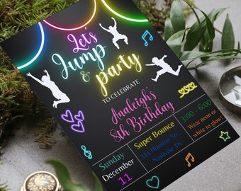 Invitación editable para fiesta de saltos, brillo neón, teñido tie-dye (descarga instantánea)