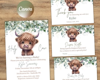 Boho Highland Cow Baby Shower Invitation Bundle, Gender Neutral Cow Baby Shower, Holy Cow Baby Shower Invitation Set, Editable Template