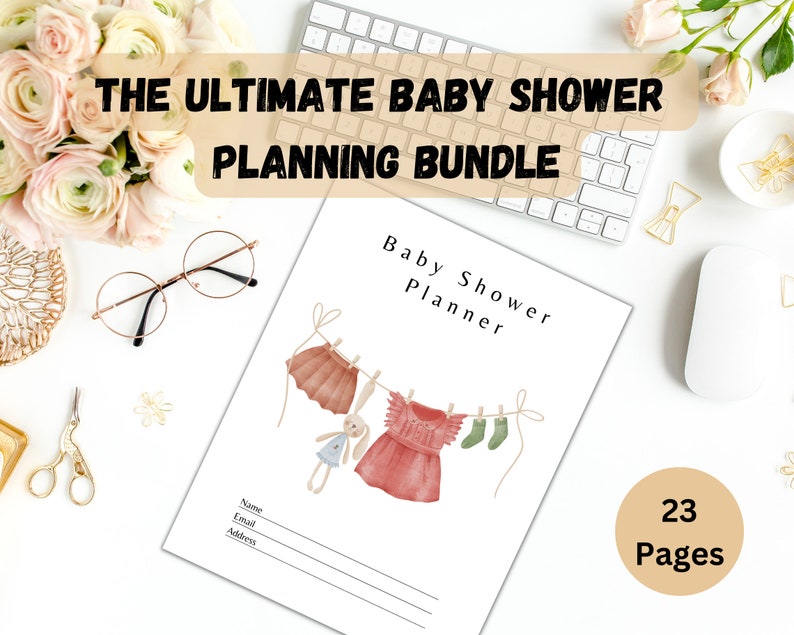 K&ouml;nnte beinhalten: Ein druckbarer Babyparty-Planer mit 23 Seiten. Das Cover zeigt eine Aquarell-Illustration von Kleidung, die an einer W&auml;scheleine h&auml;ngt, mit einer Hasenpuppe. Der Text "Baby Shower Planner" steht oben auf der Seite.