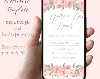 Invitación floral para brunch del Día de la Madre, plantilla editable (descarga digital)