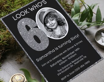 60th Birthday Invitation Template, Silver Photo Design (Editable, Printable)