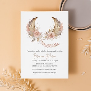 Angel Wings Baby Shower Invitation Template, Pink Gold Wings Baby Shower Girl Invite, Editable Template, Instant Download