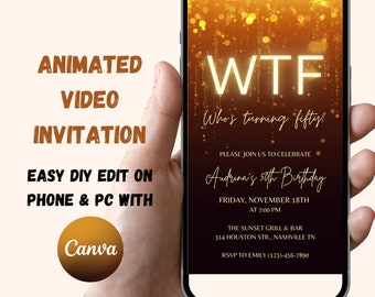 50th Birthday Video Invitation, Gold Glitter, Funny WTF Design (Instant Download)