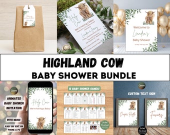 Highland Cow Baby Shower Invitation Bundle, Gender Neutral (Digital Download)