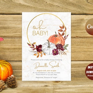 Editable Pumpkin Baby Shower Invitation, A little Pumpkin is on the way, Fall Baby Shower Invite, Autumn Leaves Invite, Instant Download