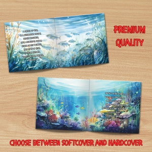 May include: A colorful children's book with a blue and green ocean scene on the cover. The book features a school of fish swimming in a shimmering stream. The text on the cover reads "A school of fish in a shimmering stream, gliding together, like a beautiful dream. Silver waves twinkle, like stars up high. The fish shimmer, sweet dreams Natalie,  As you smile."  The back cover features a coral reef with colorful fish swimming in the ocean. The text on the back cover reads "In the ocean's party, where colors gleam, bright fish swim, like a vivid dream. Red, blues, and yellows, a joyful sight. Goodnight, Natalie, in your dreams so bright!" The book is available in softcover and hardcover.