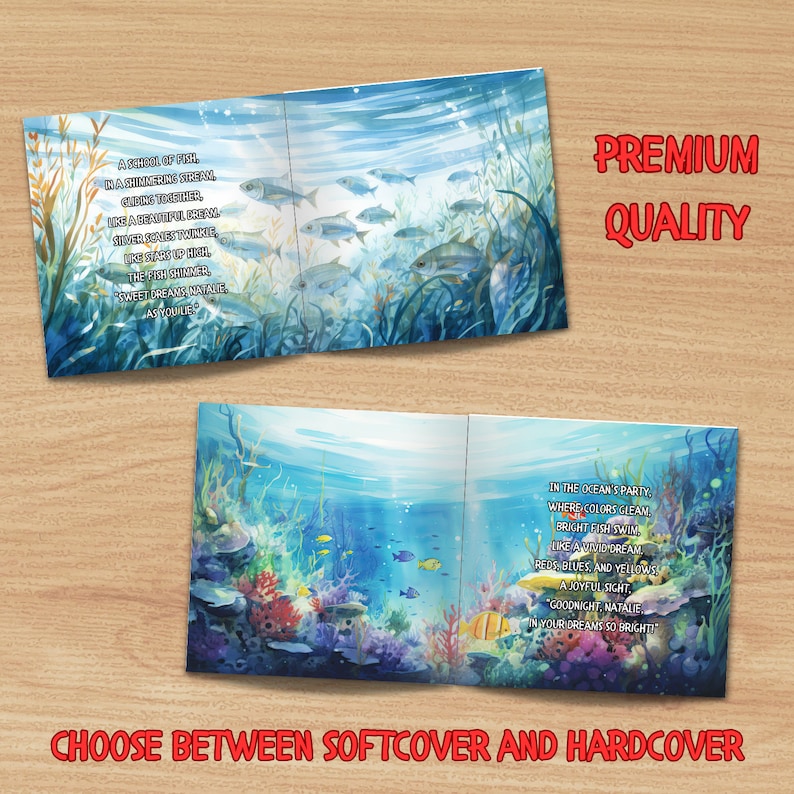 May include: A colorful children's book with a blue and green ocean scene on the cover. The book features a school of fish swimming in a shimmering stream. The text on the cover reads "A school of fish in a shimmering stream, gliding together, like a beautiful dream. Silver waves twinkle, like stars up high. The fish shimmer, sweet dreams Natalie,  As you smile."  The back cover features a coral reef with colorful fish swimming in the ocean. The text on the back cover reads "In the ocean's party, where colors gleam, bright fish swim, like a vivid dream. Red, blues, and yellows, a joyful sight. Goodnight, Natalie, in your dreams so bright!" The book is available in softcover and hardcover.