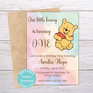 Editable Winnie the Pooh Invitation, Winnie Birthday Invitation, Kids Birthday Invitation Digital Download, Text Invite, Printable