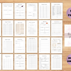 May include: A printable pregnancy journal with 100 pages, featuring a variety of trackers and checklists to help document your pregnancy journey. The cover features a pink and white floral design with the text "Pregnancy Journal".