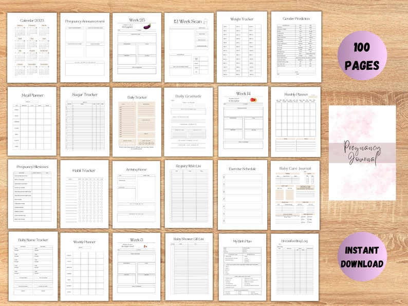 May include: A printable pregnancy journal with 100 pages, featuring a variety of trackers and checklists to help document your pregnancy journey. The cover features a pink and white floral design with the text "Pregnancy Journal".