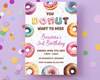 Invitación de cumpleaños editable con diseño de donut para niña (primer cumpleaños) (Descarga instantánea)