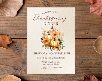 Thanksgiving Dinner Invitation, Pumpkin Floral (Editable Instant Download)