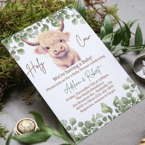 Boho Highland Cow Baby Shower Invitation, Gender Neutral Cow Baby Shower, Holy Cow Baby Shower Invite, Greenery, Online Editable Template