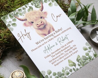 Boho Highland Cow Baby Shower Invitation, Greenery (Digital Download)