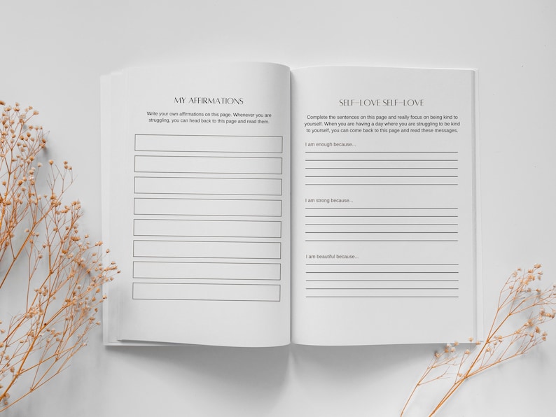 May include: An open journal with two pages visible. The left page has the title "My Affirmations" and space for writing affirmations. The right page has the title "Self-Love Self-Love" and prompts to complete sentences about self-love.