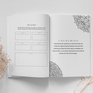 May include: An open journal with a white background and black text. The left page has the title "My Goals" and space to write down four goals. The right page has the title "Colouring" and a black and white mandala design.