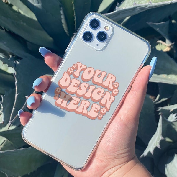 Clear Phone Case Mockup with Cactus Background in PSD Photoshop File Format, Clear iPhone Case Mock Up Stock Photo, Cute Phone Case Mockup