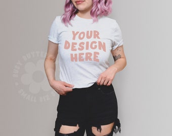 Aesthetic Tshirt Mockup | Bella Canvas 3001 Mockup | T-Shirt Mockup in Ash - White | Pastel Goth Punk Grunge Model Mockup with Pink Hair