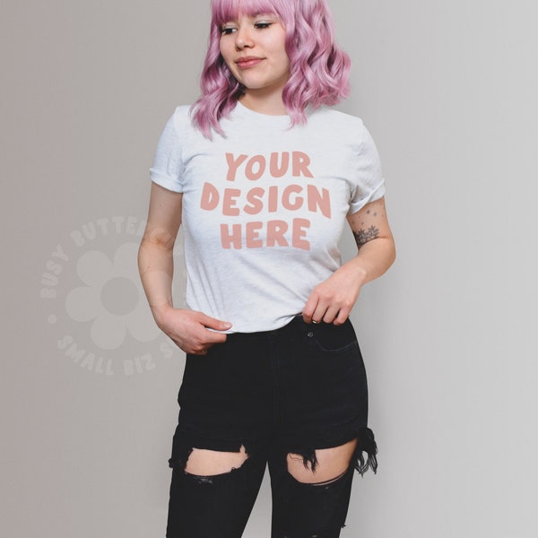 Aesthetic Tshirt Mockup | Bella Canvas 3001 Mockup | T-Shirt Mockup in Ash - White | Pastel Goth Punk Grunge Model Mockup with Pink Hair