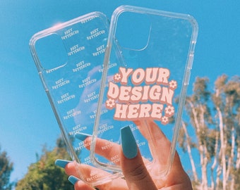 Maqueta de funda de teléfono estética en formato de archivo PSD Photoshop con capa de objeto inteligente, foto de stock de maqueta de funda de iPhone transparente, maqueta de funda de teléfono