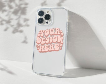 Maqueta de funda de teléfono transparente en formato de archivo PSD Photoshop con objeto inteligente, maqueta de funda transparente para iPhone 13 Pro Max Foto de archivo Fondo blanco