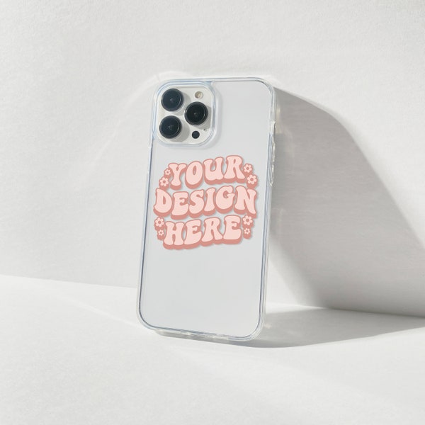 Clear Phone Case Mockup in PSD Photoshop File Format with Smart Object, Clear iPhone 13 Pro Max Case Mock Up Stock Photo White Background