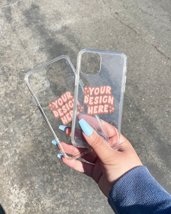 Clear Phone Case Mockup - Add Your Designs! Cute, Aesthetic Hand Holding Phone Cases Mockup - Transparent iPhone Cover Stock Photo Mock Up