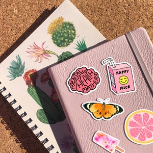 May include: Pink notebook with various stickers, including a pink brain with the text "Mental Health Matters", a pink juice box with a smiley face and the text "Happy Juice", a butterfly, and a lemon slice.