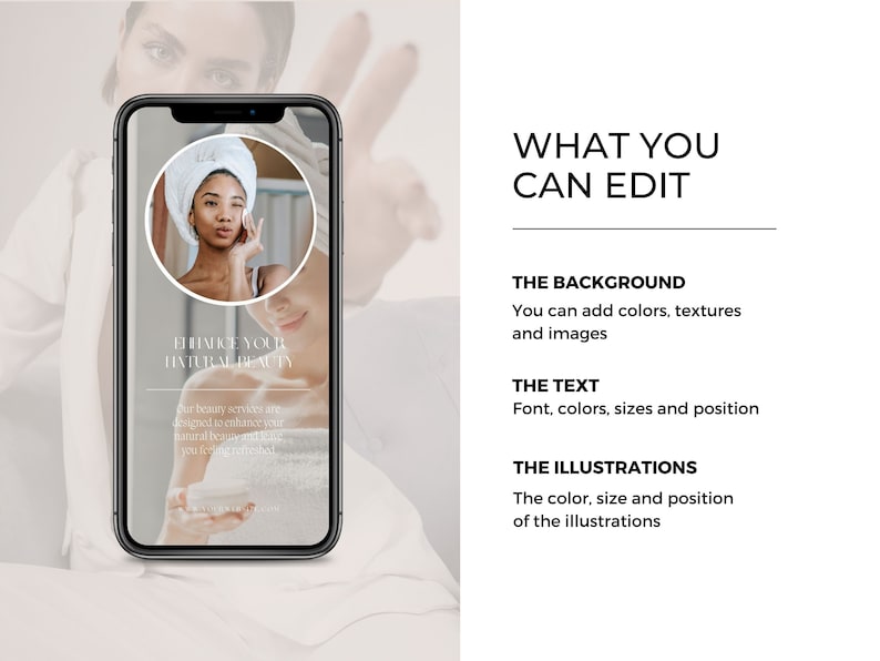 Op de afbeelding: Een smartphone-scherm toont een advertentie voor schoonheidsservices met de tekst "Enhance Your Natural Beauty". De advertentie toont een vrouw met een witte handdoek op haar hoofd, die een cr&egrave;me op haar gezicht aanbrengt.