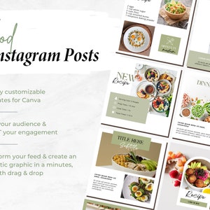 May include: A collection of 30 customizable Instagram post templates for Canva. The templates feature a green and white color scheme with images of food and text overlays. The text includes "Food Instagram Posts", "30 Fully customizable templates for Canva", "Grow your audience & BOOST your engagement", "Transform your feed & create an aesthetic graphic in a minutes, just with drag & drop", "NEW RECIPE idens", "NEW Recipe", "DINNER Recipe", "TITLE HERE Subtitle", "Recipe".